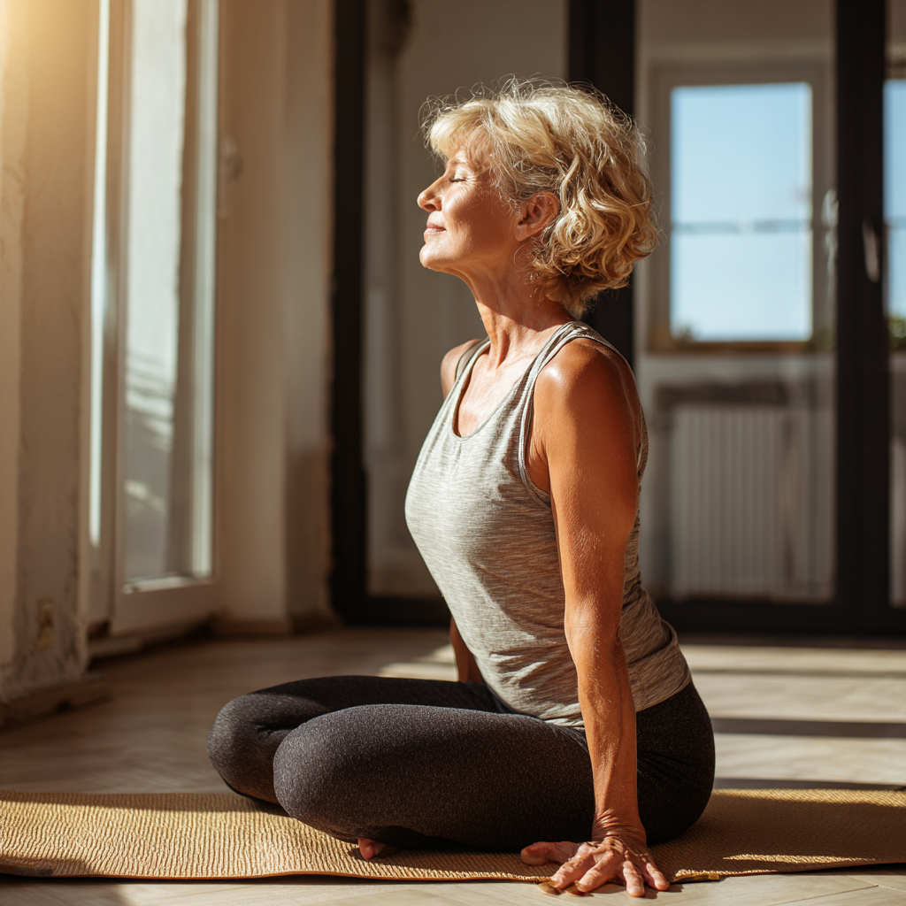 Жена на 55 години в удобна спортна дреха практикува основни йога пози на постелка в светла стая