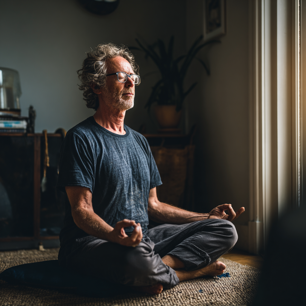 Мъж на 60 години седи в медитативна поза и практикува дихателни упражнения в тиха стая